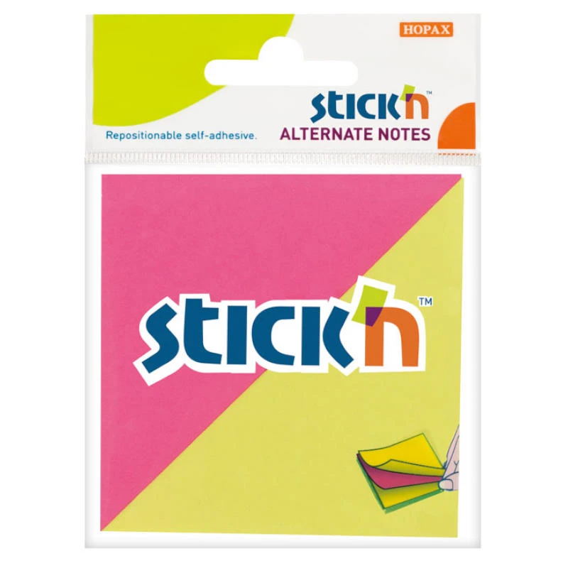 Блок для записи "Stick`n" бумажный 100 л, двухцветный, липкий слой, 76*76 мм, 70 г/м2, "Hopax"