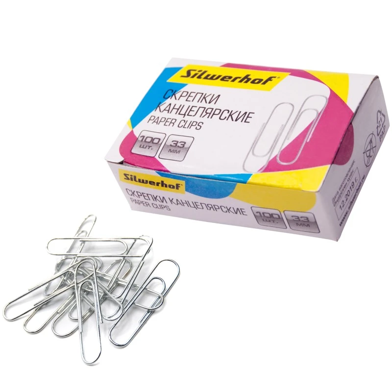 Скрепки 33 мм, 100 шт, округлые, металлические, оцинкованные, картонная упак, "Silwerhof"