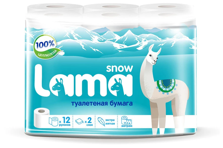 Бумага туалетная "Snow Lama", 2-х слойная 2*16 г/м2, 140 л, 95*125 мм, 17,5 м, втулка d-45 мм, рулон d-105 мм, тиснение, перфорация, упак. 12 рул, "Костромская бумажная фабрика"