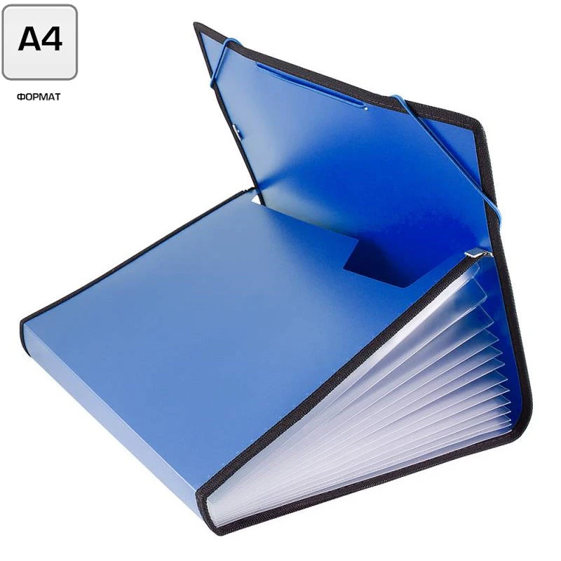 Папка-картотека ф.А4 (335*250 мм), 13 отделений, торец 30 мм, резинка, окантовка, пластик 0,8 мм, "Бюрократ"