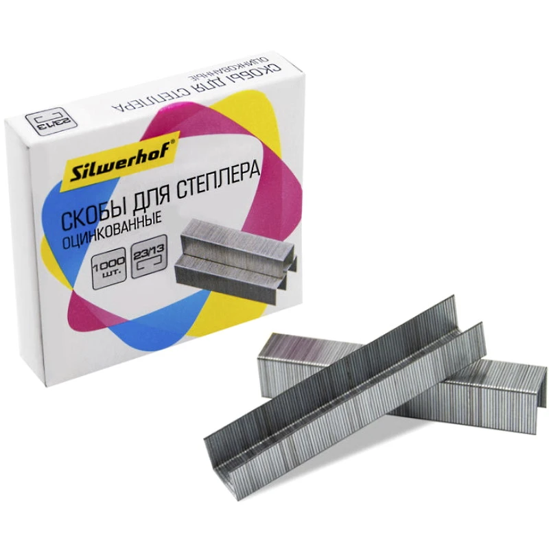 Скобы для степлера №23/13, заточенные, до 100 л, 1000 шт, оцинкованные, картонная кор, "Silwerhof"