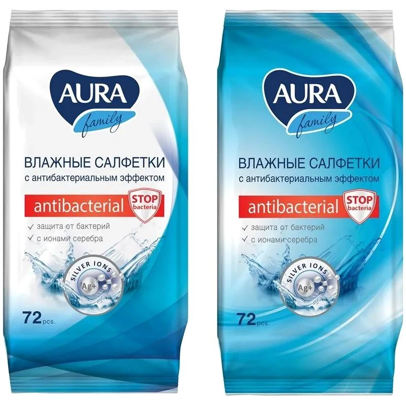 Салфетки влажные антибактериальные, 140*200 мм, клейкий клапан, упак. 72 шт, "AURA"