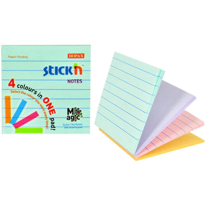 Блок для записи "Stick`n Magic", бумажный 100 л, пастель, 4 цв, линованный, липкий слой, 76*76 мм, 70 г/м2, "Hopax"