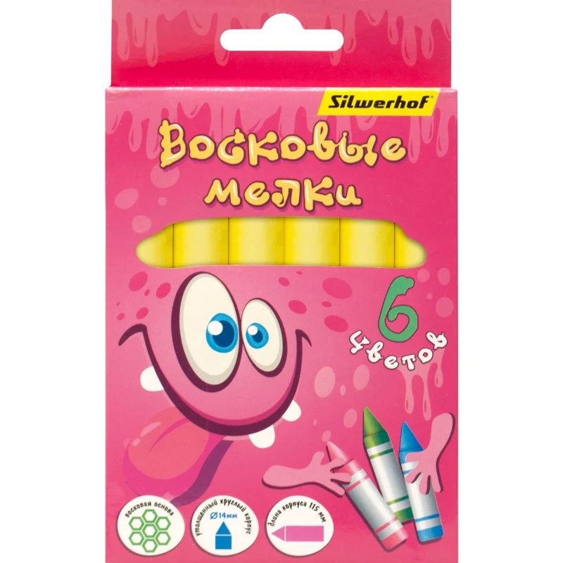 Мелки восковые "Джамбо" 6 цв, круглые, 115*14 мм, бум. оболочка, картон. уп, "Silwerhof"