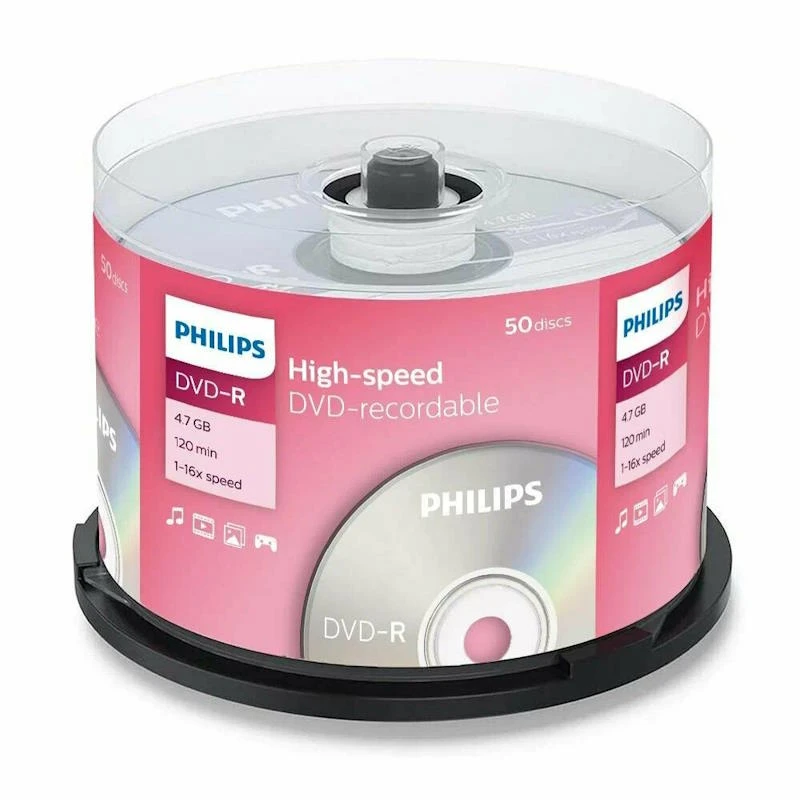 Диск лазерный записываемый DVD-R, 4,7 ГБ, 16х, 120 мин, Cake box, 50 штук, "Philips"