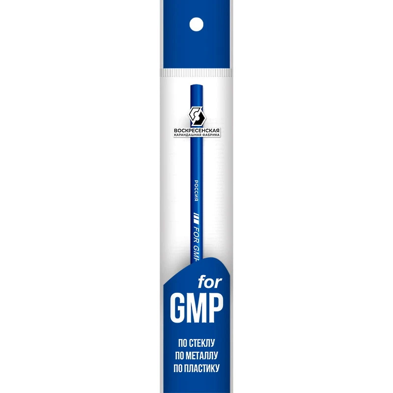 Карандаш "For GMP" для письма по стеклу, металлу, пластику, 2М, круглый синий корпус 180 мм, дерево, "ВКФ"