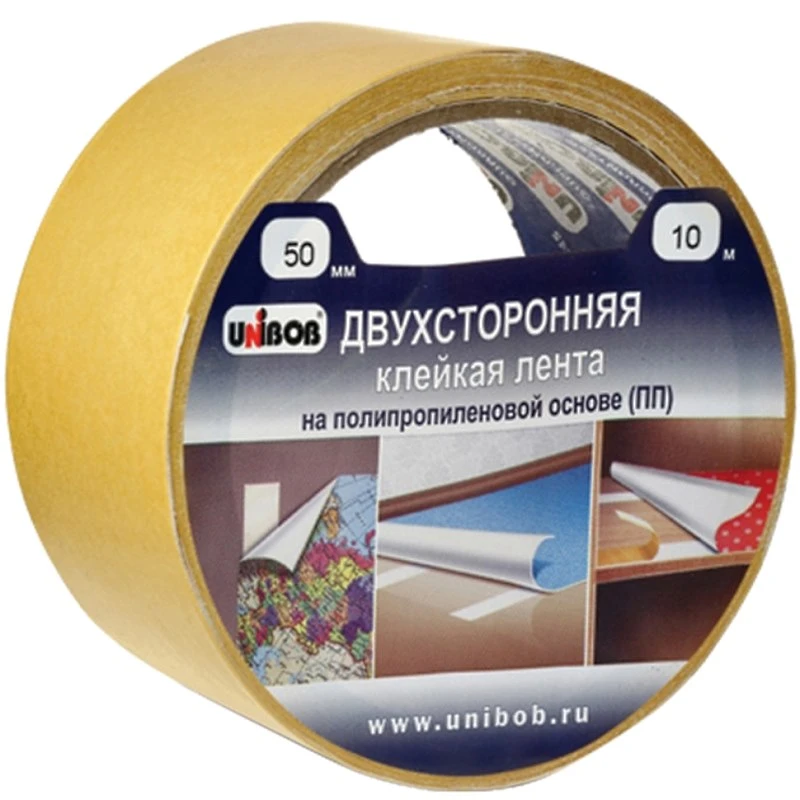 Скотч двухсторонний 50 мм.*10 м, 95 мкм, полипропиленовая ВОРР основа, "Unibob"