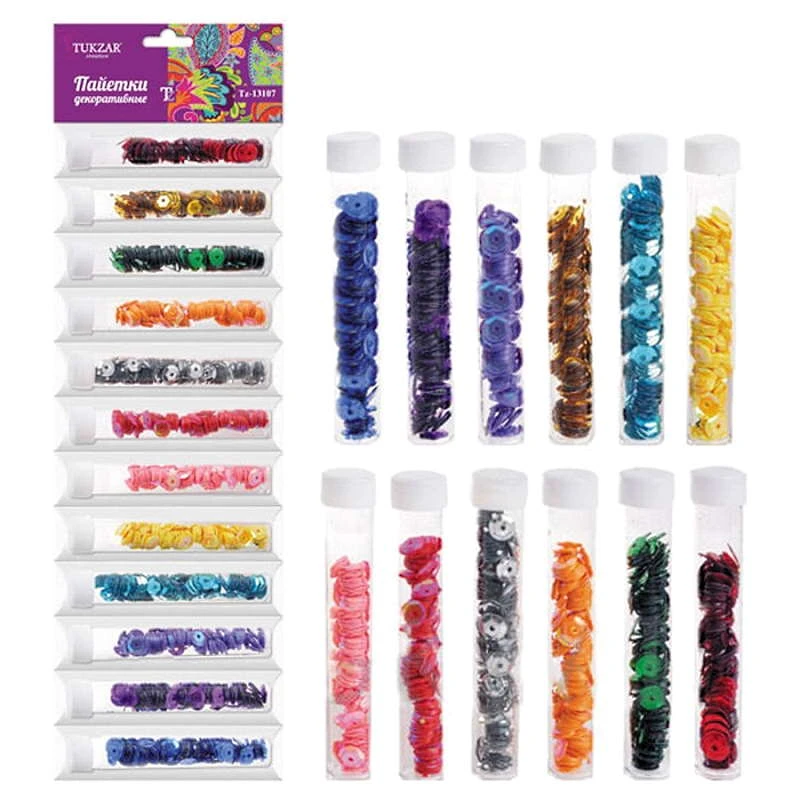 Пайетки голографические, 12 цв, туба 8 см, 6 г, "Tukzar"