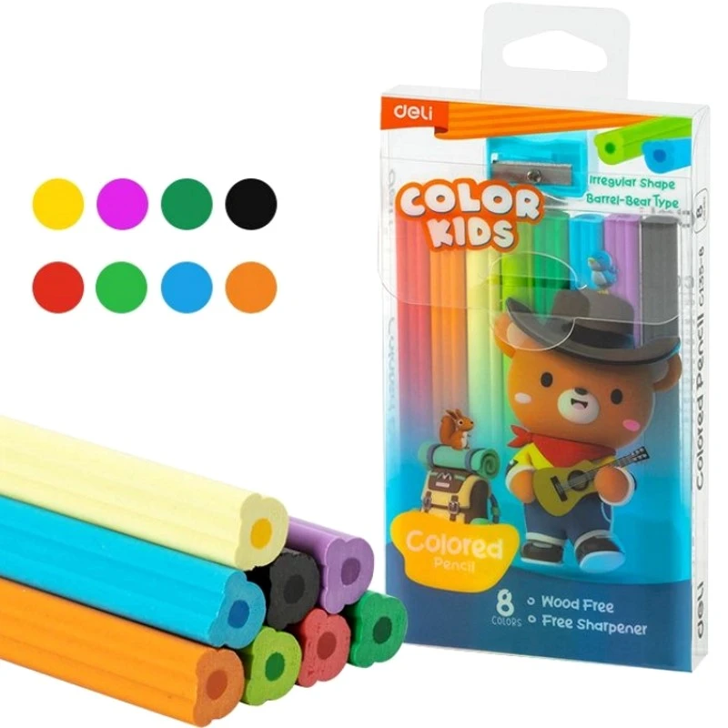 Карандаши заточенные "Color Kids" 8 цв, нестандартная форма, пластик, точилка, картон. уп, "Deli"