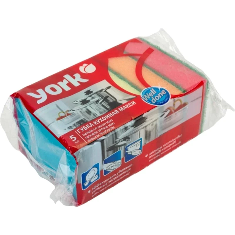 Губка для посуды "Maxi", поролон/абразивный слой, 100*70*29 мм, упак. 5 шт, "York"