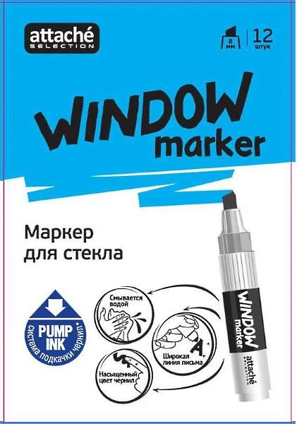 Маркер "WINDOW" для окон и стекла, водная основа, линия 8 мм, скошенный наконечник, "Attache"