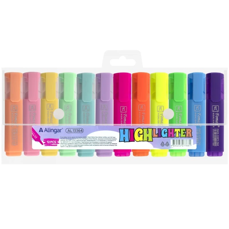 Текстовыделители "HIGHlighter" 6 пастельных цв. + 6 неоновых цв, водная основа, линия 1-4 мм, скошенный наконечник: "Alingar"