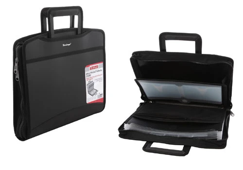 Бизнес портфель В4, на 6 отделений + 2 дополнительных кармана, молния, 2 пластиковых ручки, пластик/ и ткань, цвет - черный, 350*280*60 мм, "Berlingo"