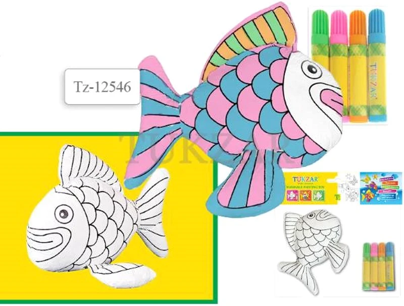 Рыбка: тряпичная игрушка для раскрашивания стираемая, размер 140*140*40 мм, + 4 цветных фломастера в наборе, для детей от 3-х лет, не токсично. - "Tukzar"