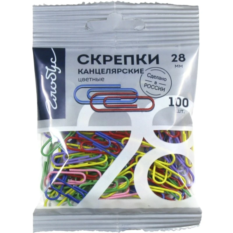 Скрепки 28 мм, 100 шт, округлые, металлические, цветное полимерное покрытие, п/э. уп, "Глобус"