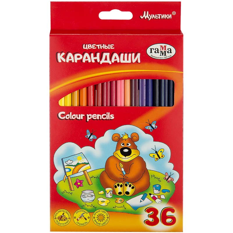 Карандаши заточенные "Мультики" 36 цв, 175 мм, 6*6*6 мм, трехгранные, дерево, "Гамма"