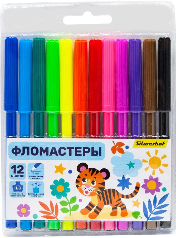 Фломастеры 12 цв, 125 мм, линия 0,7 мм, ПВХ, "Silwerhof"