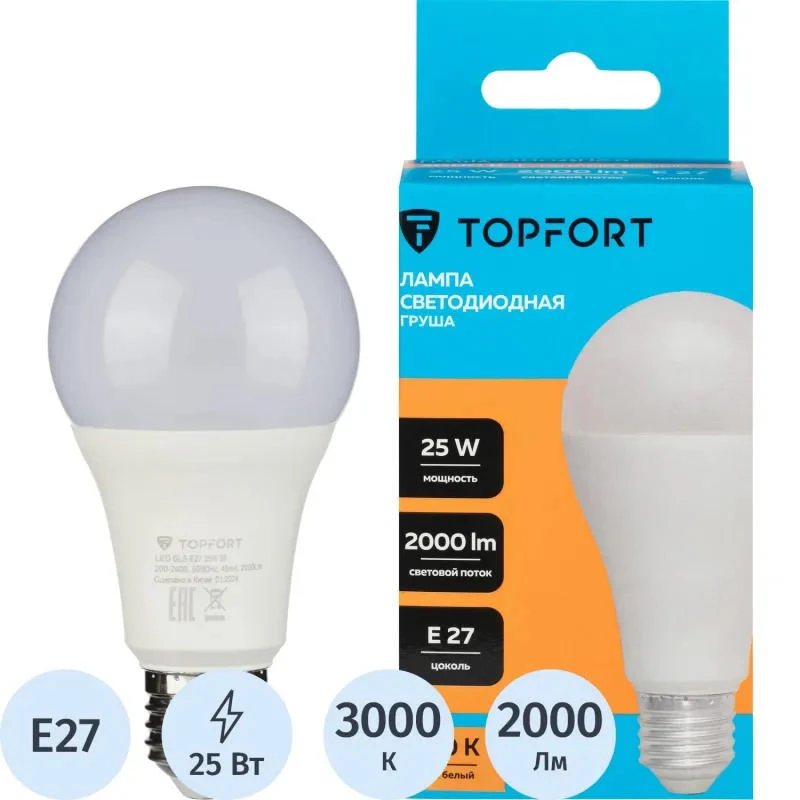 Лампа светодиодная 25W, "груша", E27, 3000К, теплый белый, 25000 ч, "Topfort"