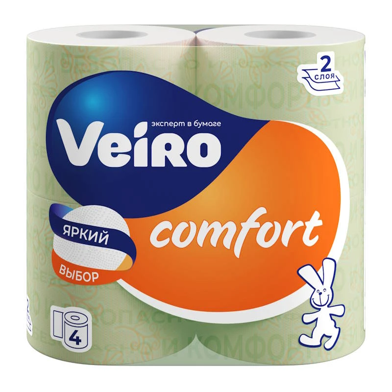 Бумага туалетная "COMFORT", 2-х слойная, 2*15 г/м2, 140 л, 92*125 мм, 17,5 м, втулка d-46 мм, тиснение, перфорация, упак. 4 рул, "Veiro"