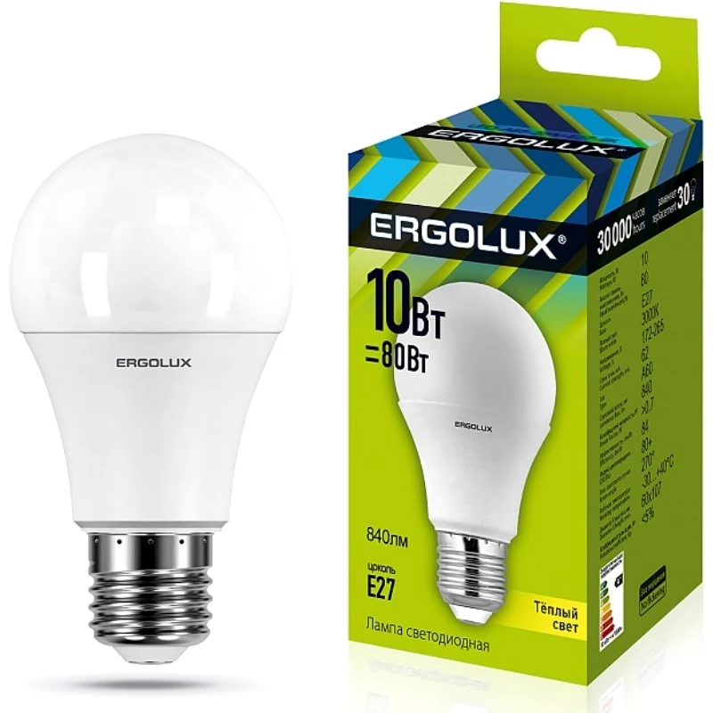 Лампа светодиодная 10W, "груша", E27, 3000К, теплый свет, "Ergolux"