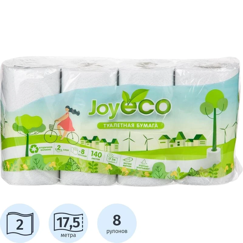 Бумага туалетная "Joy eco", 2-х слойная 16 г/м2, 140 л, 125*95 мм, 17,5 м, втулка d-45 мм, рулон d-100 мм, тиснение, перфорация, упак. 8 рул.