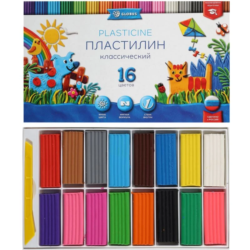 Пластилин "Классический", 16 цв. по 20 г, стек, картонная коробка, "Глобус"