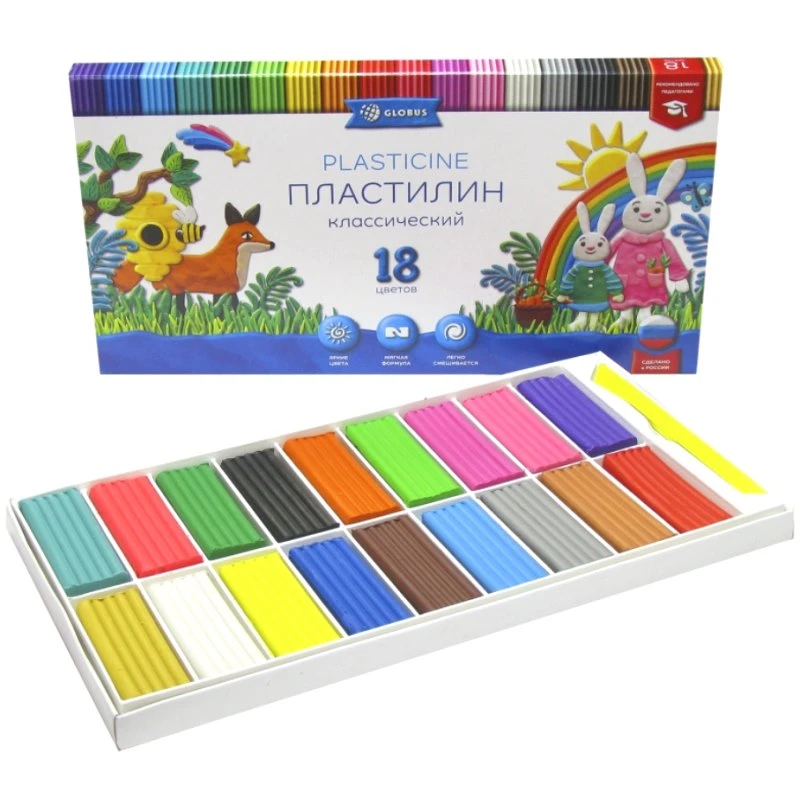 Пластилин "Классический", 18 цв. по 20 г, стек, картонная коробка, "Глобус"