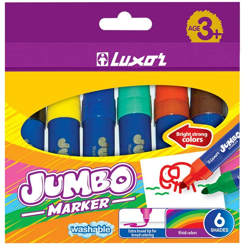Фломастеры 6 цв. "Jumbo, 120 мм, линия 1-4 мм, картон уп, "Luxor"