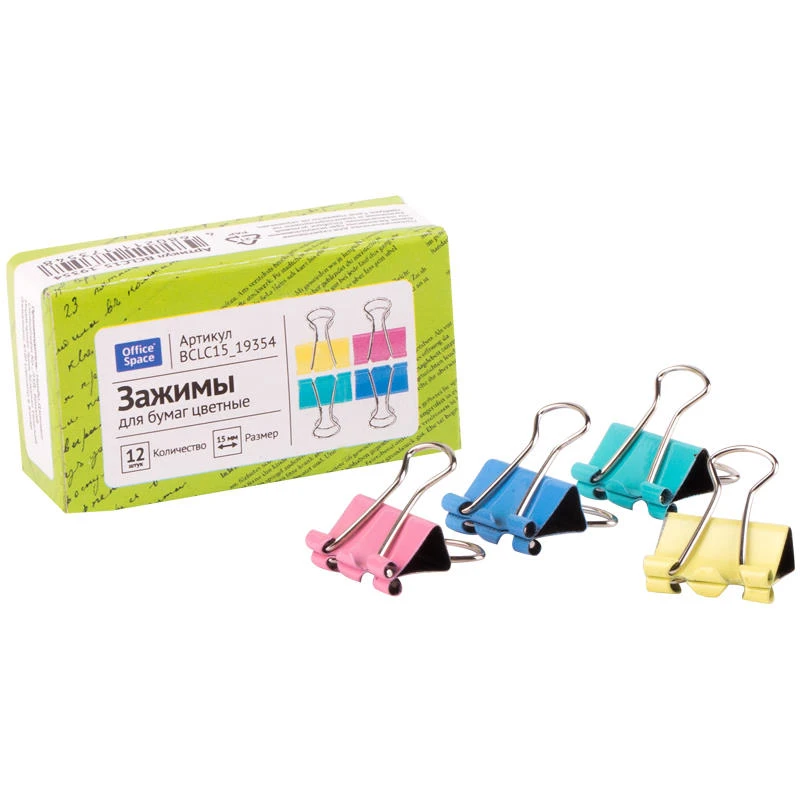 Зажимы цветные металлические 15 мм, до 45 л, 12 шт, картон. упак, "OfficeSpace"