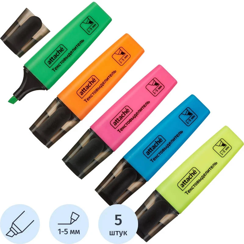 Текстовыделители "Colored" 5 цв, водная основа, линия 1-5 мм, скошенный наконечник, "Attache"