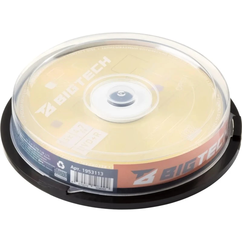 Диск лазерный записываемый DVD + R, 4,7 ГБ, 16х, пластиковая туба 10 шт, "BigTech"