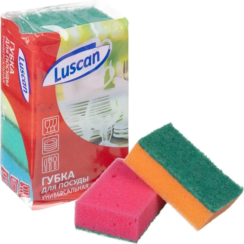 Губка для посуды универсальная, поролон/абразивный слой, 80*50*26 мм, упак. 5 шт, "Luscan"