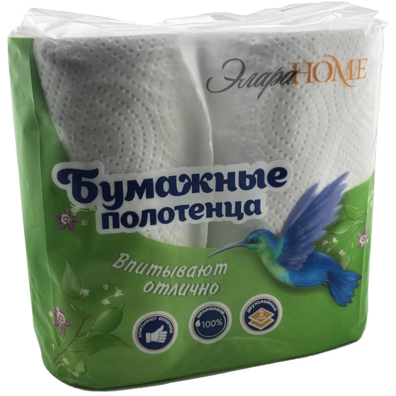 Полотенце бумажное 2-х слойное 2*15 г/м2, 130 л, 180*230 мм, 29,9 м, втулка d-34 мм, рулон d-100 мм, тиснение, перфорация, упак. 2 рулона, "ЭлараHome"