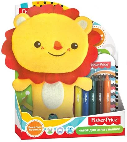 Мочалка "Веселый львенок" + 6 мелков: набор для игры в ванне, "Fisher Price"