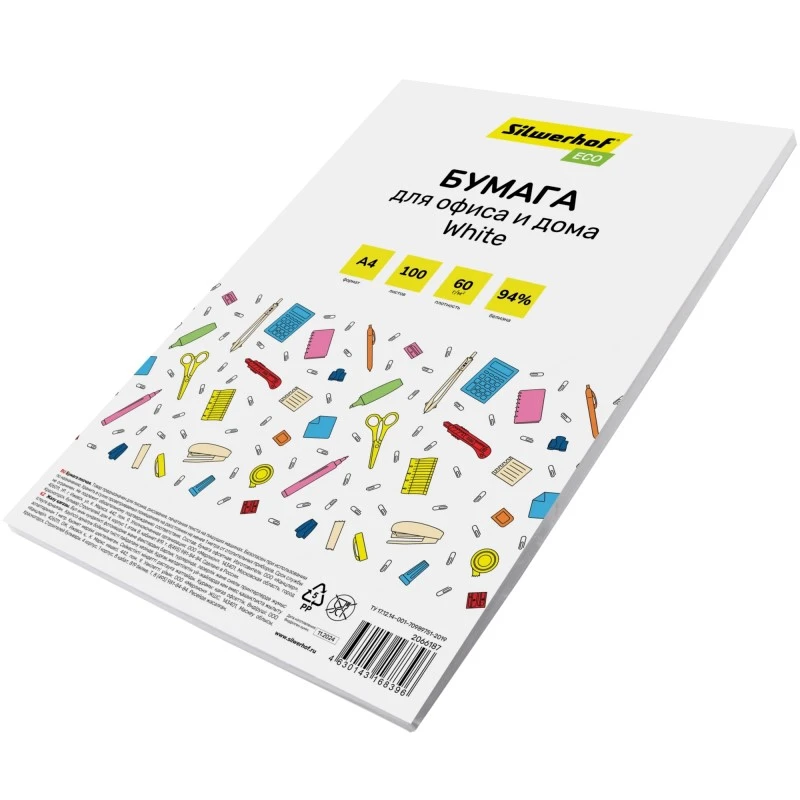 Бумага для офисной техники 100 л. ф.А4 (210*297 мм), 60 г/м2, белизна 92%, "Silwerhof"
