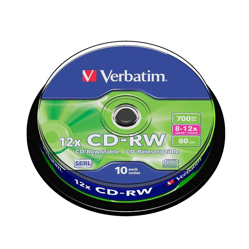 Лазерный перезаписываемый компакт-диск CD-RW 12х, 700 Mb, пластиковая туба, 10 шт, "Verbatim"