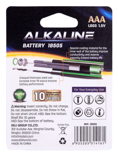 Батарейки AAA/LR03, алкалиновые, "Deli", упак. 4 шт. фото 2