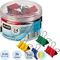 Цветные зажимы металлические 32 мм, до 140 л, 24 шт, пластиковая упак, "Attache"