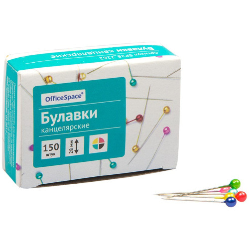 Булавки канцелярские, цветная круглая головка d-3 мм, игла 25 мм, 150 шт, картонная упак, "OfficeSpace"