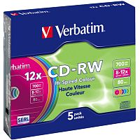 Лазерный перезаписываемый компакт-диск CD-RW 12х, 700 Mb, пластиковая туба, 5 шт, "Verbatim"