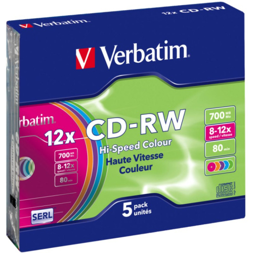 Лазерный перезаписываемый компакт-диск CD-RW 12х, 700 Mb, пластиковая туба, 5 шт, "Verbatim"