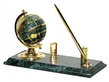 Настольный набор 3 предмета: глобус, визитница, ручка, на подставке из зеленого мрамора с металлом. "Fair Wind"