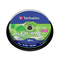 Лазерный перезаписываемый компакт-диск CD-RW 12х, 700 Mb, пластиковая туба, 10 шт, "Verbatim"