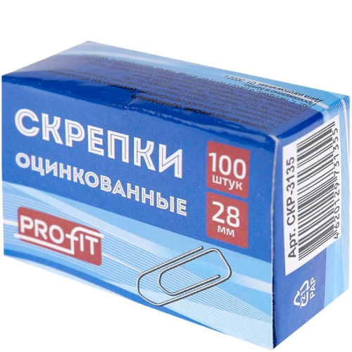 Скрепки 28 мм, 100 шт, прямоугольный профиль, металлические, оцинкованные, картонная упак, "Profit" фото 2