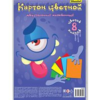 Цветной двухсторонний мелованный картон 8 л. 8 цв, ф.А4 (200*280 мм), 230 г, пакет, "Silwerhof"