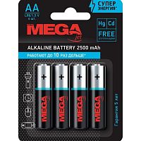 Батарейки AA/LR6, алкалиновые, "Mega", упак. 4 шт.