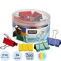 Цветные зажимы металлические 41 мм, до 200 л, 24 шт, пластик. уп, "Attache"