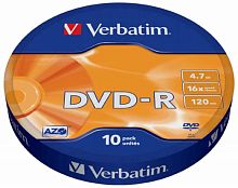 Диск лазерный записываемый DVD-R, 4,7 ГБ, 16х, 120 мин, пластиковая туба, 10 шт., "Verbatim"