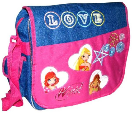 Сумка "Winx", большой клапан, ремень, джинс, розовая с синим, 300*350 мм, "EaSTar"