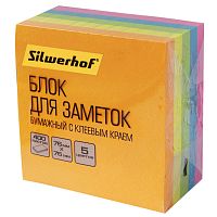Блок для записи бумажный, 400 л, 5 цв. неон, липкий слой, 76*76 мм, 75 г, "Silwerhof"